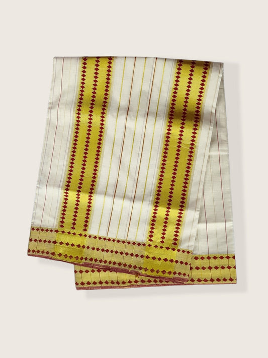 Kerala Kasavu Saree Premium Balaramapuram Handloom with Dark Red Desgin with Line Body