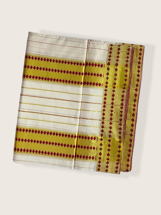 Kerala Kasavu Saree Premium Balaramapuram Handloom with Dark Red Desgin with Line Body