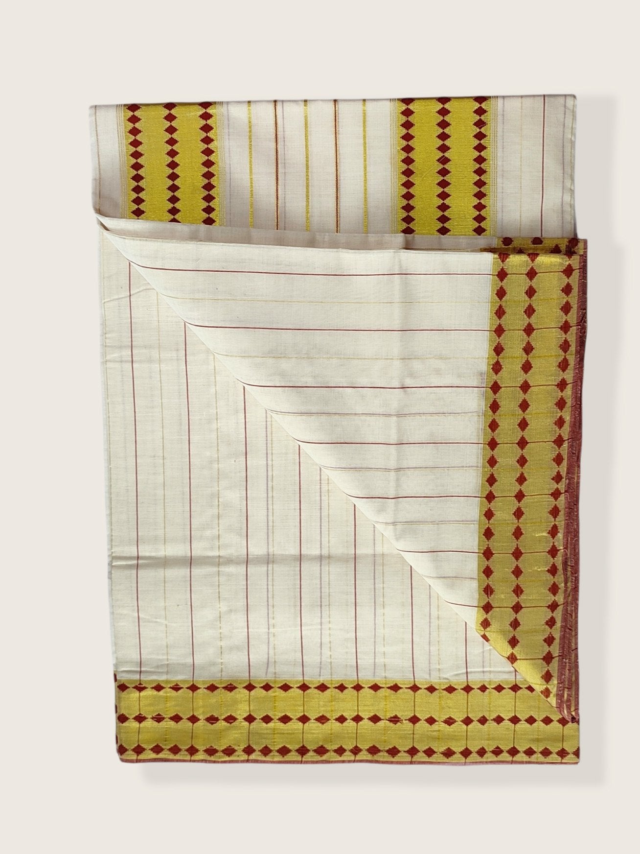 Kerala Kasavu Saree Premium Balaramapuram Handloom with Dark Red Desgin with Line Body