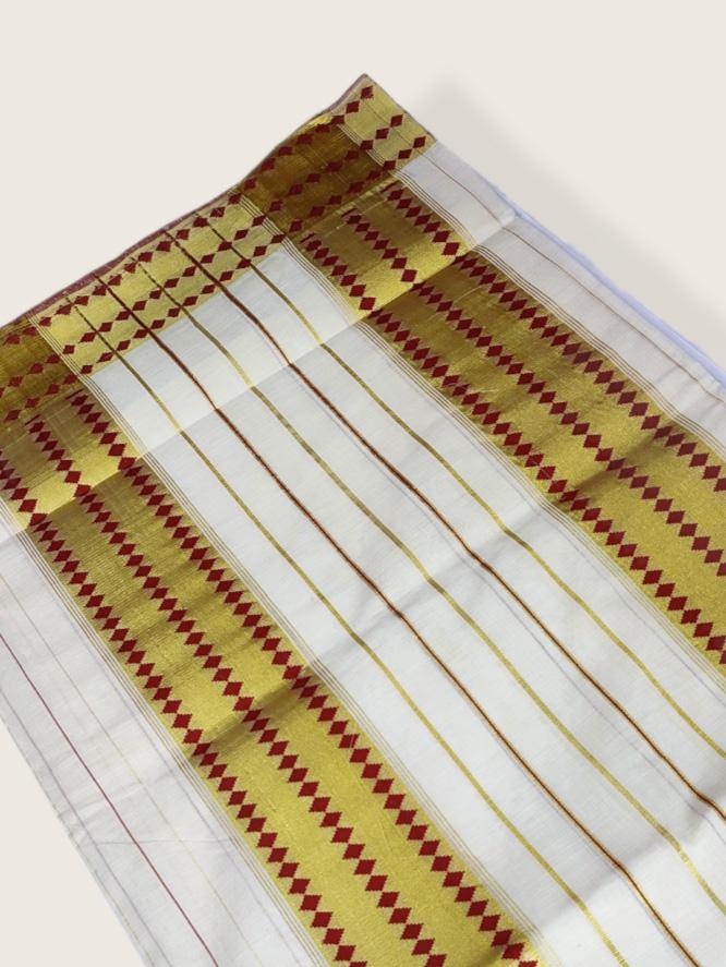 Kerala Kasavu Saree Premium Balaramapuram Handloom with Dark Red Desgin with Line Body