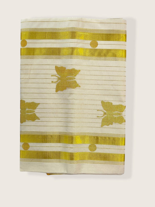 Kerala Kasavu Saree Premium Balaramapuram Handloom with Handwoven Butterfly Motiff