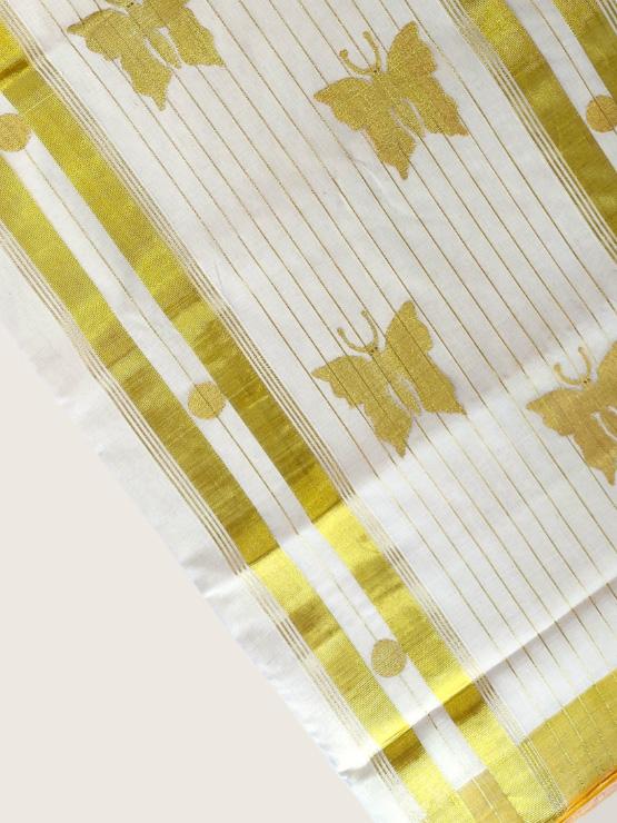 Kerala Kasavu Saree Premium Balaramapuram Handloom with Handwoven Butterfly Motiff