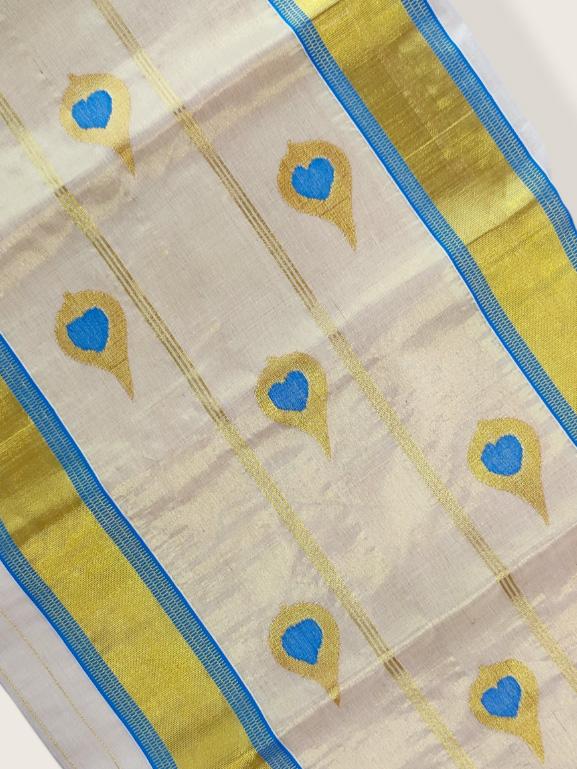 Kerala Kasavu Saree Premium Balaramapuram Handloom with Handwoven Leaf Motiff
