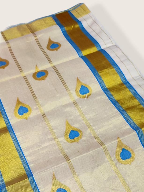 Kerala Kasavu Saree Premium Balaramapuram Handloom with Handwoven Leaf Motiff