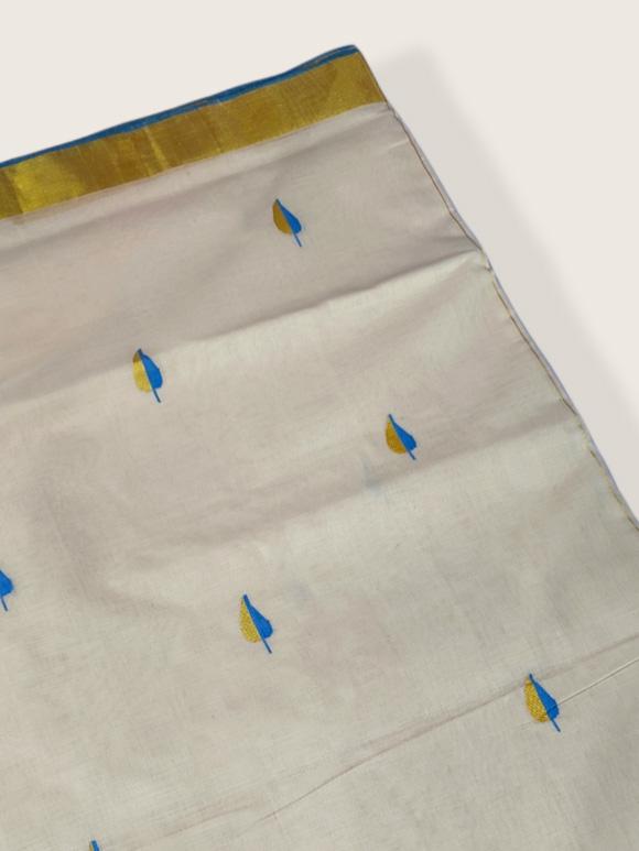 Kerala Kasavu Saree Premium Balaramapuram Handloom with Handwoven Leaf Motiff