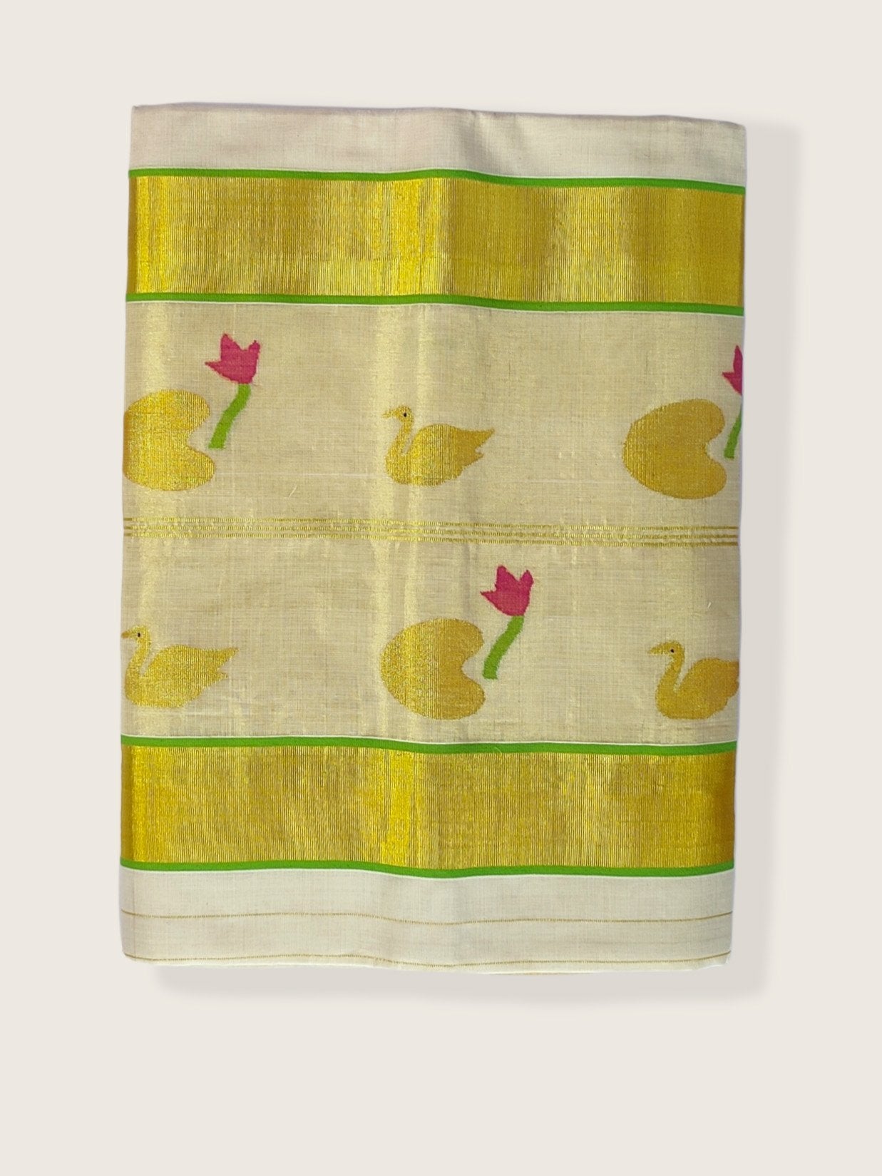 Kerala Kasavu Saree Premium Balaramapuram Handloom with Handwoven Swan and Leaf Motiff