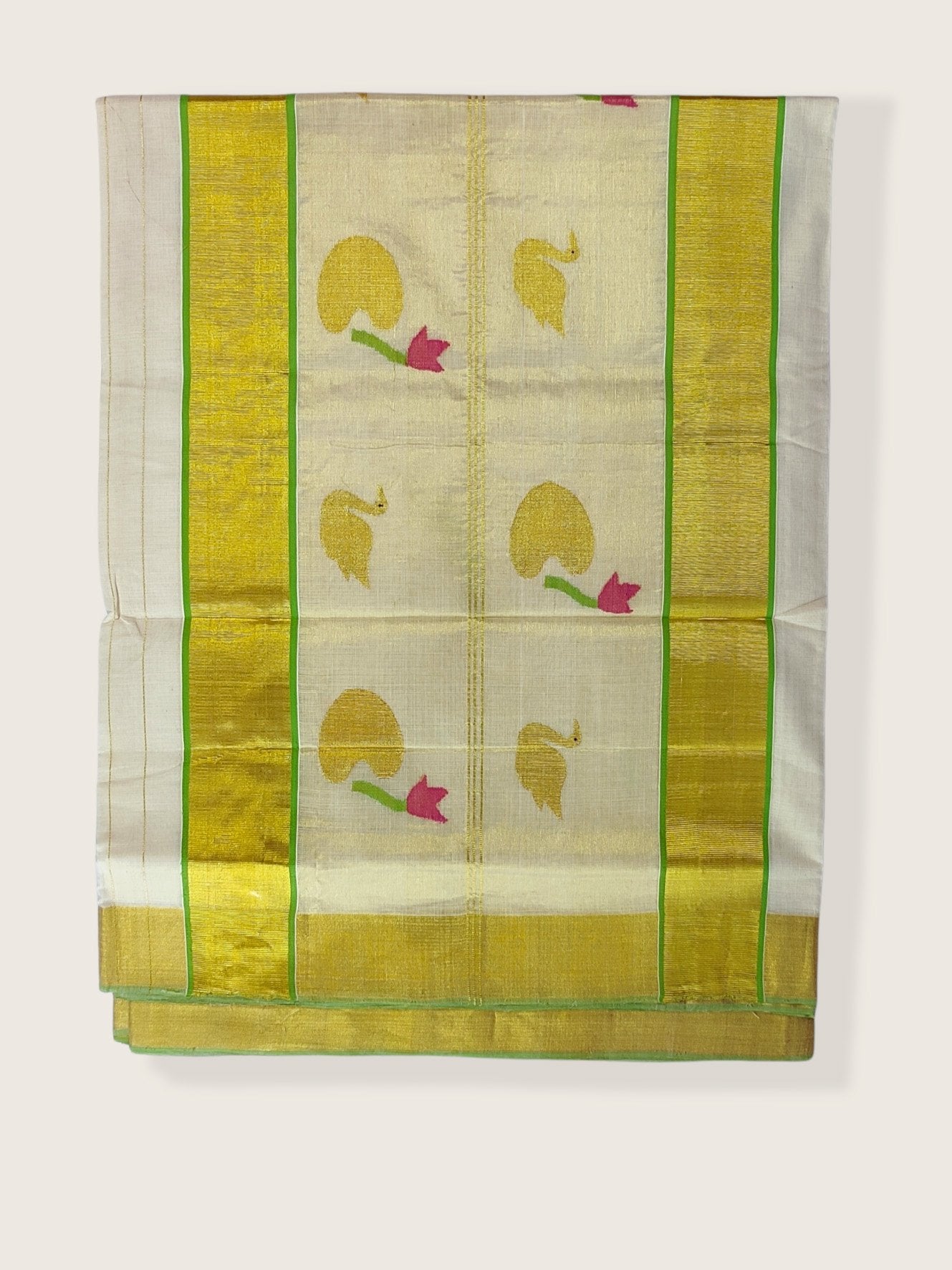 Kerala Kasavu Saree Premium Balaramapuram Handloom with Handwoven Swan and Leaf Motiff