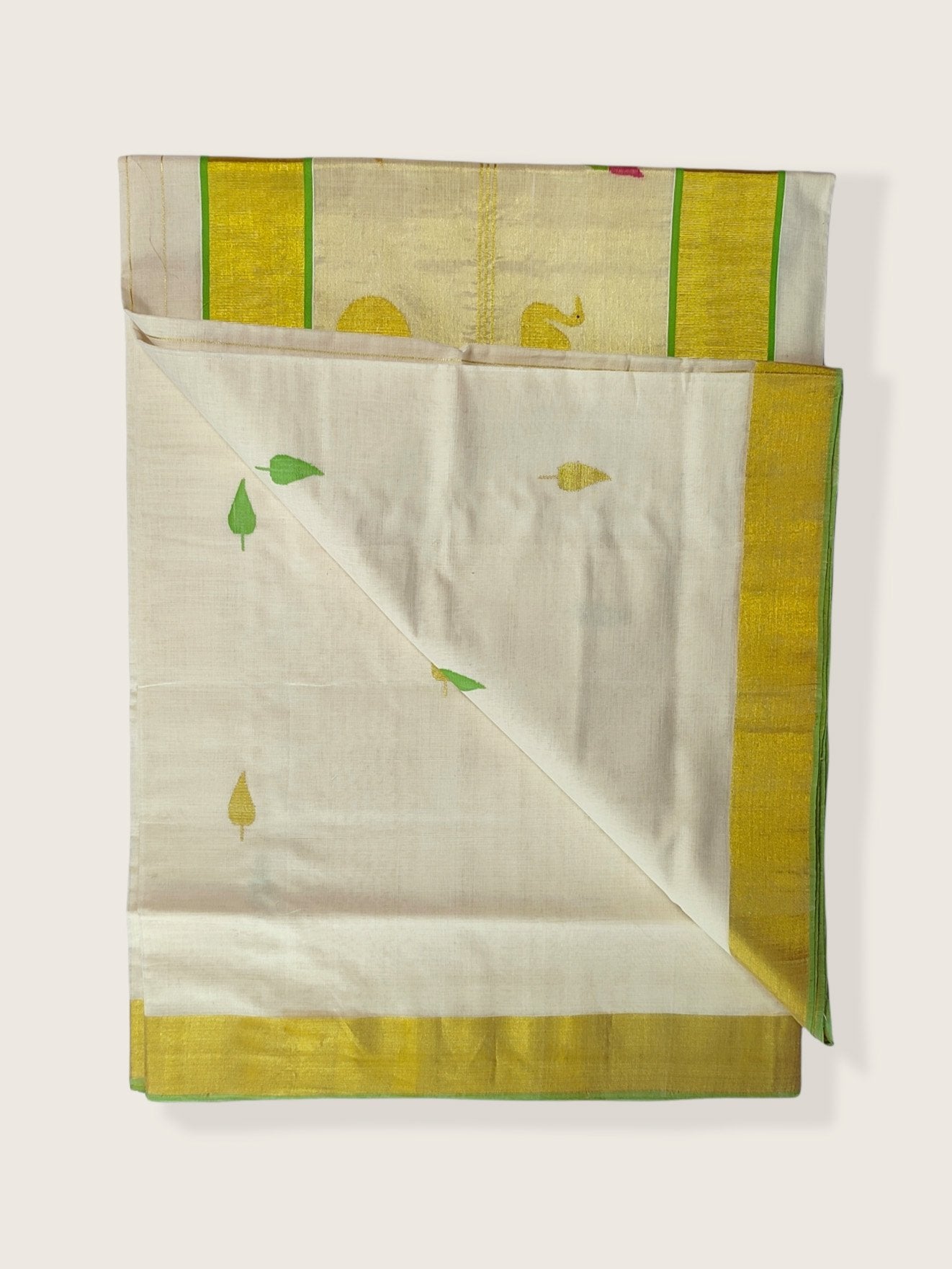Kerala Kasavu Saree Premium Balaramapuram Handloom with Handwoven Swan and Leaf Motiff