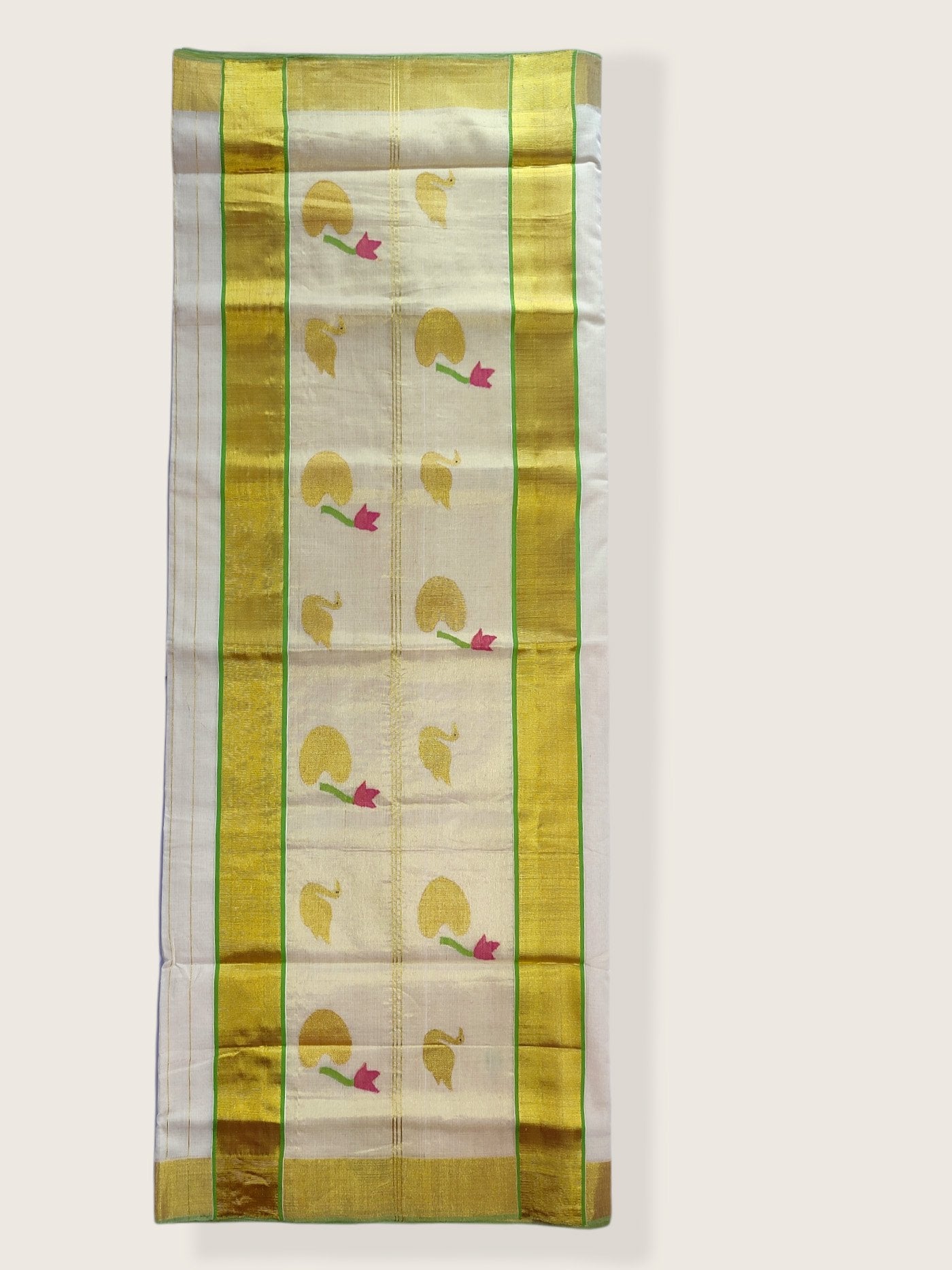 Kerala Kasavu Saree Premium Balaramapuram Handloom with Handwoven Swan and Leaf Motiff