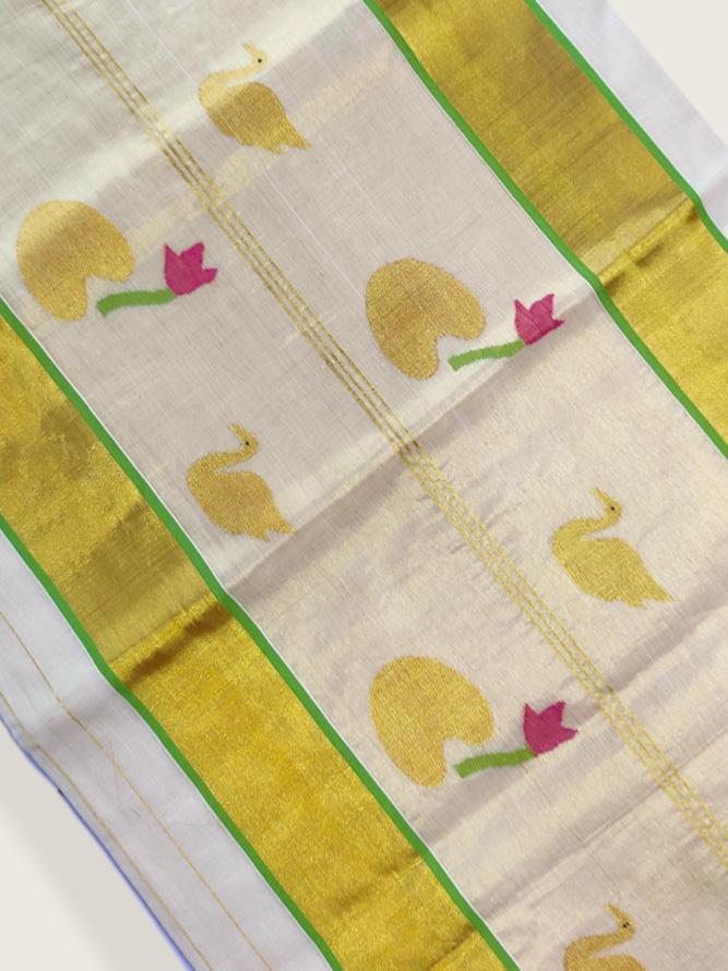 Kerala Kasavu Saree Premium Balaramapuram Handloom with Handwoven Swan and Leaf Motiff