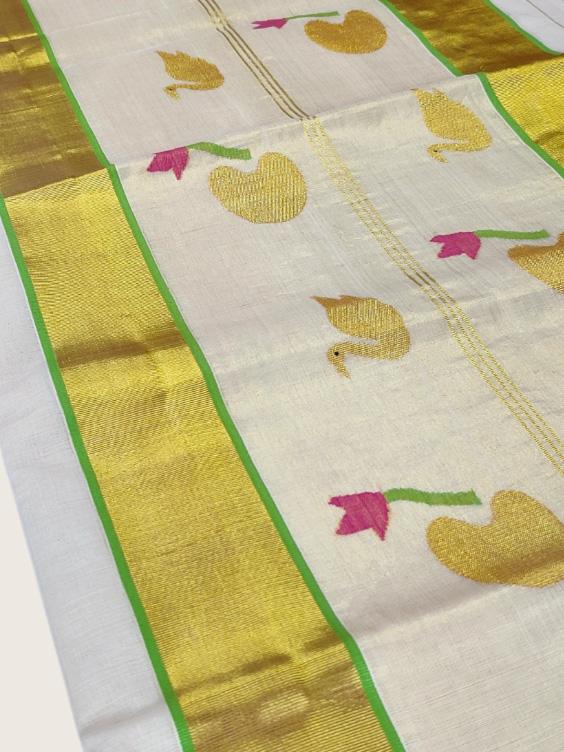 Kerala Kasavu Saree Premium Balaramapuram Handloom with Handwoven Swan and Leaf Motiff
