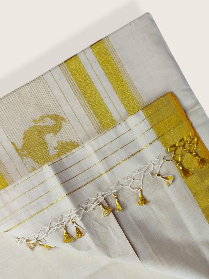 Kerala Kasavu Saree Premium Balaramapuram Handloom with Handwoven Lotus Motiff