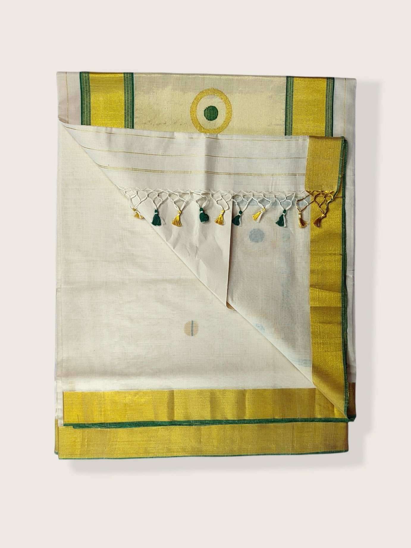 Kerala Kasavu Saree Premium Balaramapuram Handloom with Round Motif