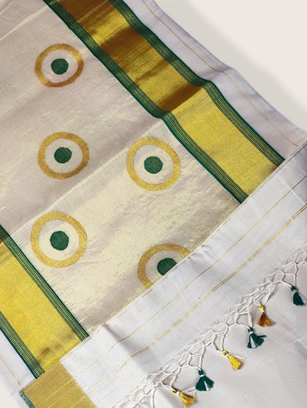Kerala Kasavu Saree Premium Balaramapuram Handloom with Round Motif