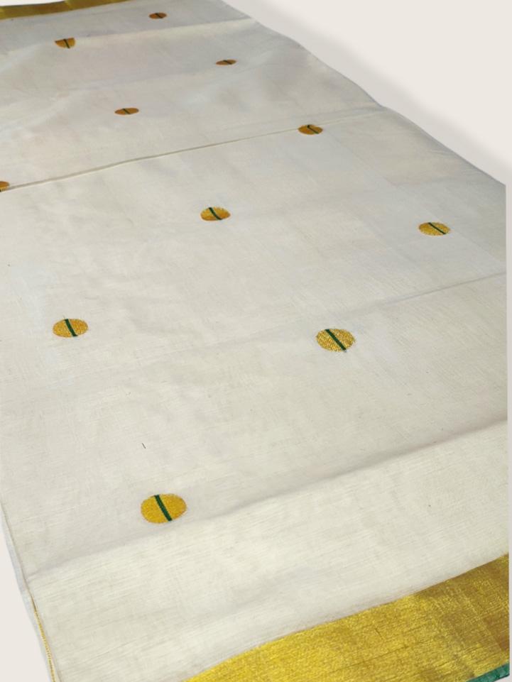 Kerala Kasavu Saree Premium Balaramapuram Handloom with Round Motif