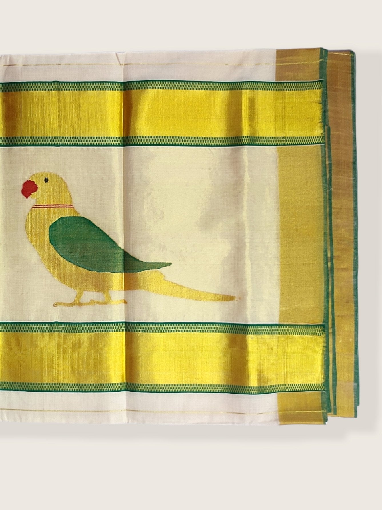 Kerala Kasavu Saree Premium Balaramapuram Handloom with Handwoven Parrot Motiff