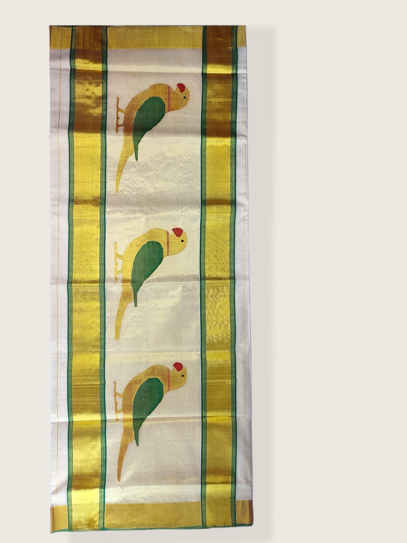 Kerala Kasavu Saree Premium Balaramapuram Handloom with Handwoven Parrot Motiff