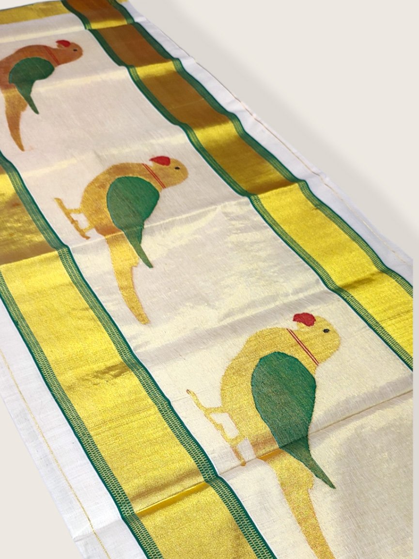 Kerala Kasavu Saree Premium Balaramapuram Handloom with Handwoven Parrot Motiff