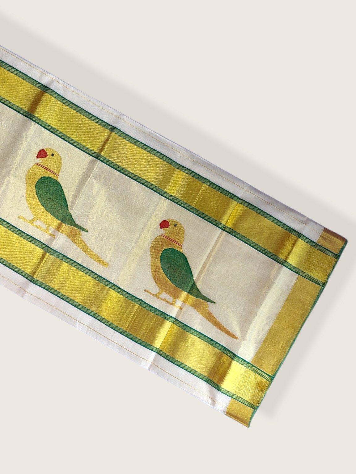 Kerala Kasavu Saree Premium Balaramapuram Handloom with Handwoven Parrot Motiff