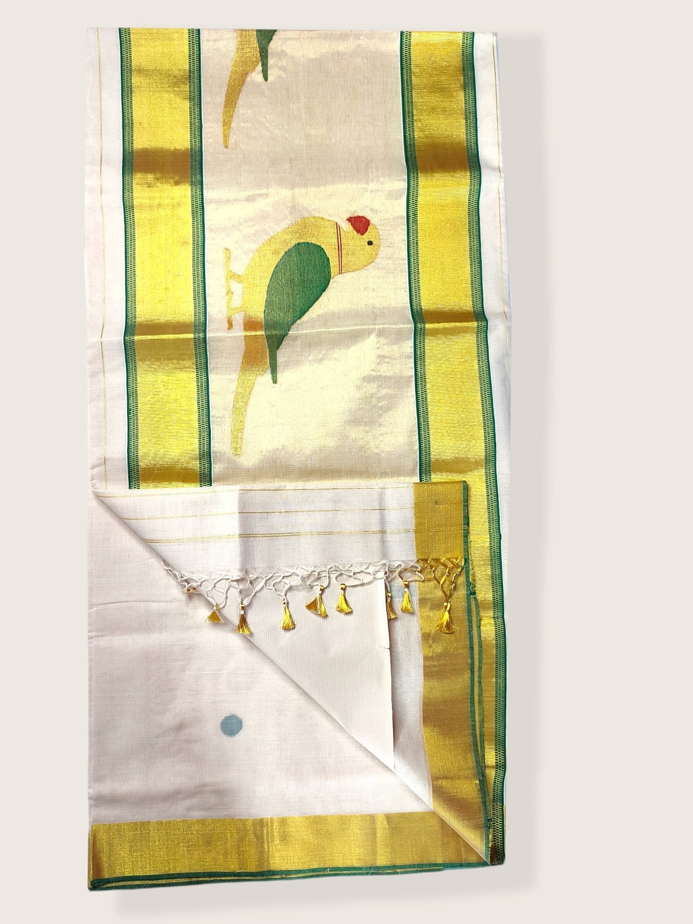 Kerala Kasavu Saree Premium Balaramapuram Handloom with Handwoven Parrot Motiff