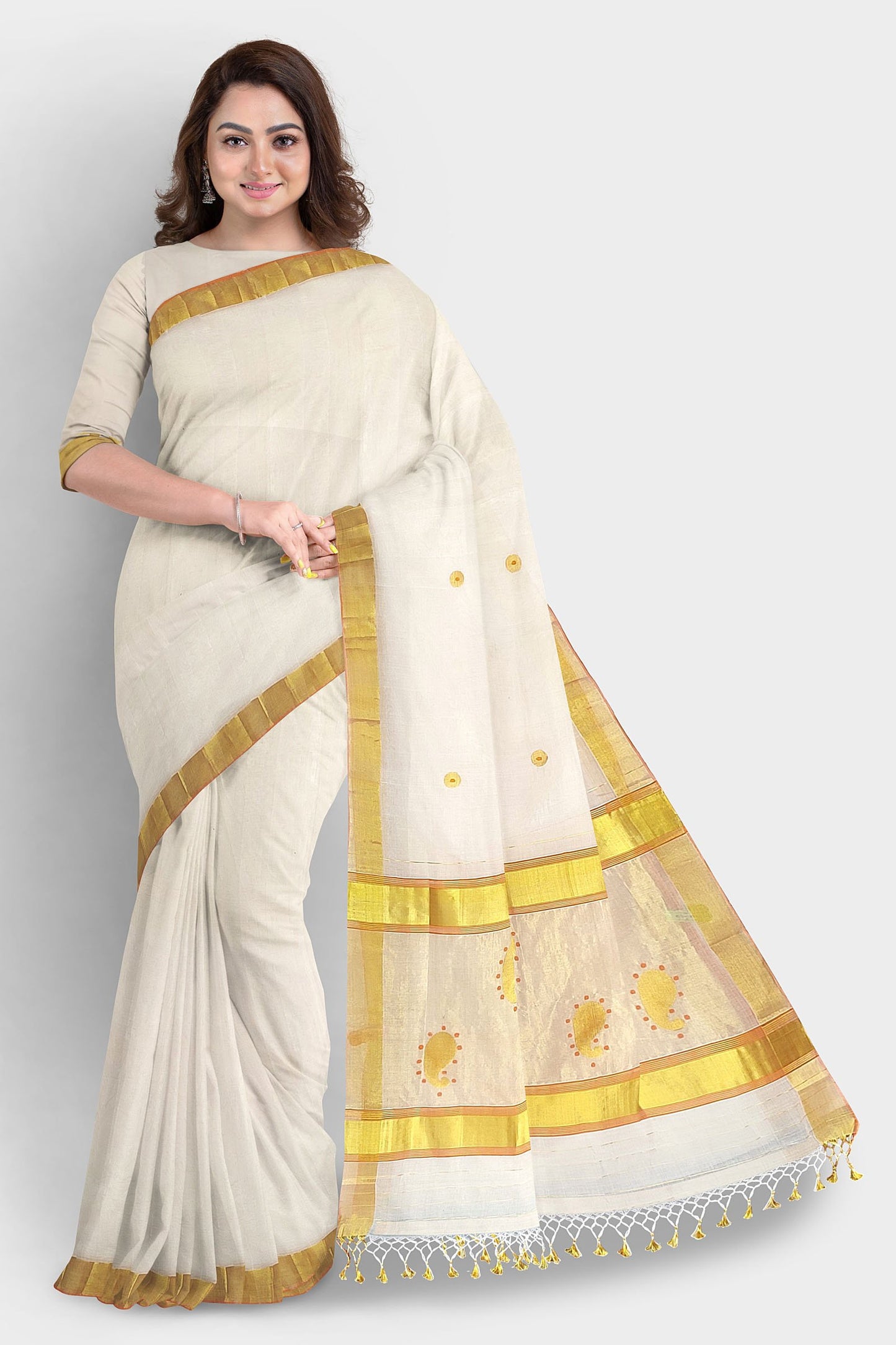 Kerala Kasavu Saree Premium Balaramapuram Handloom with Mango Motif