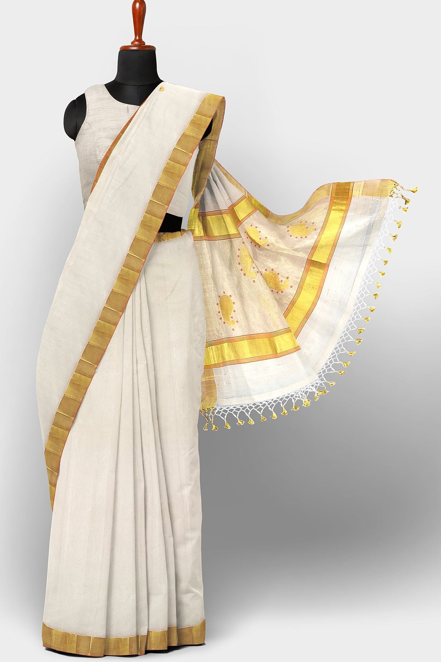 Kerala Kasavu Saree Premium Balaramapuram Handloom with Mango Motif