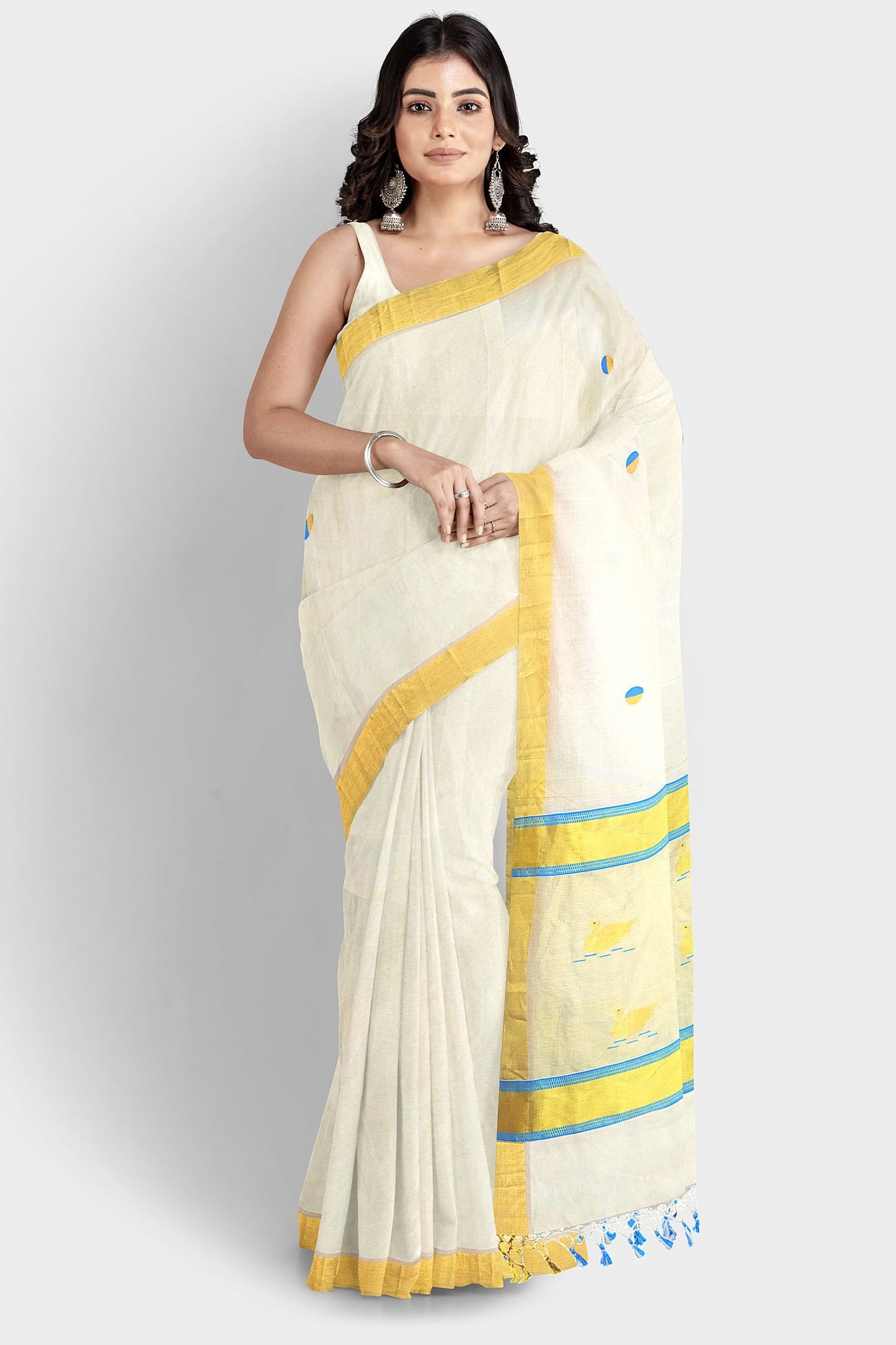 Kerala Kasavu Saree Premium Balaramapuram Handloom with Swan Motif