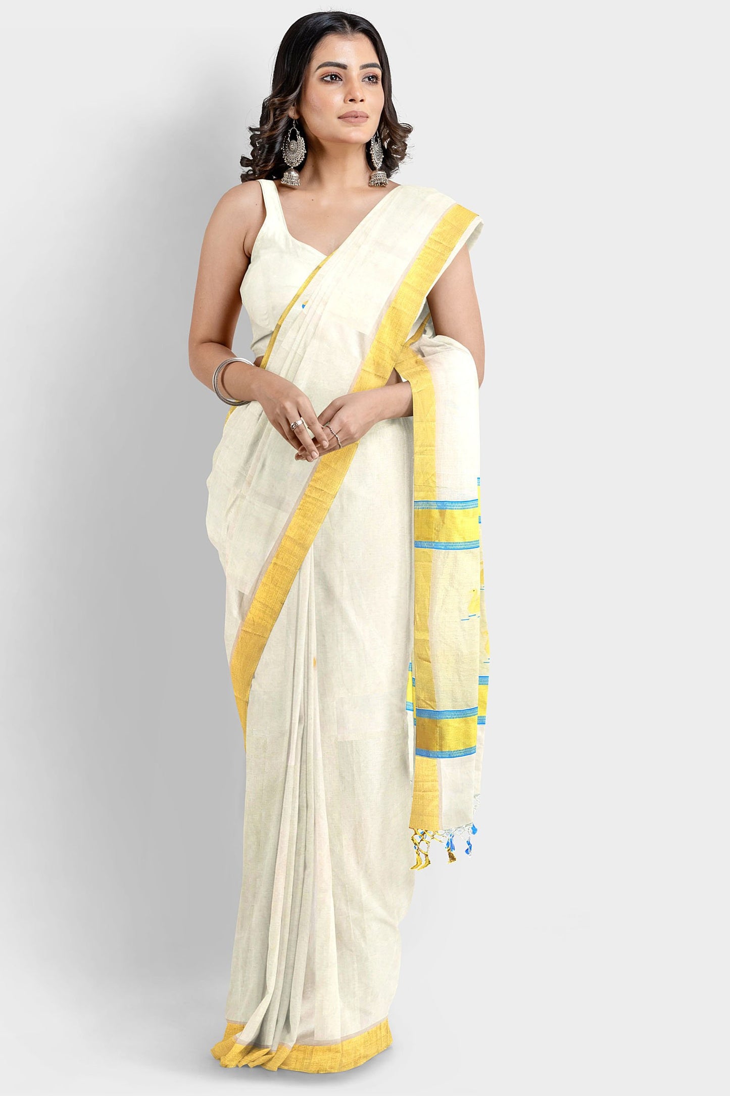Kerala Kasavu Saree Premium Balaramapuram Handloom with Swan Motif