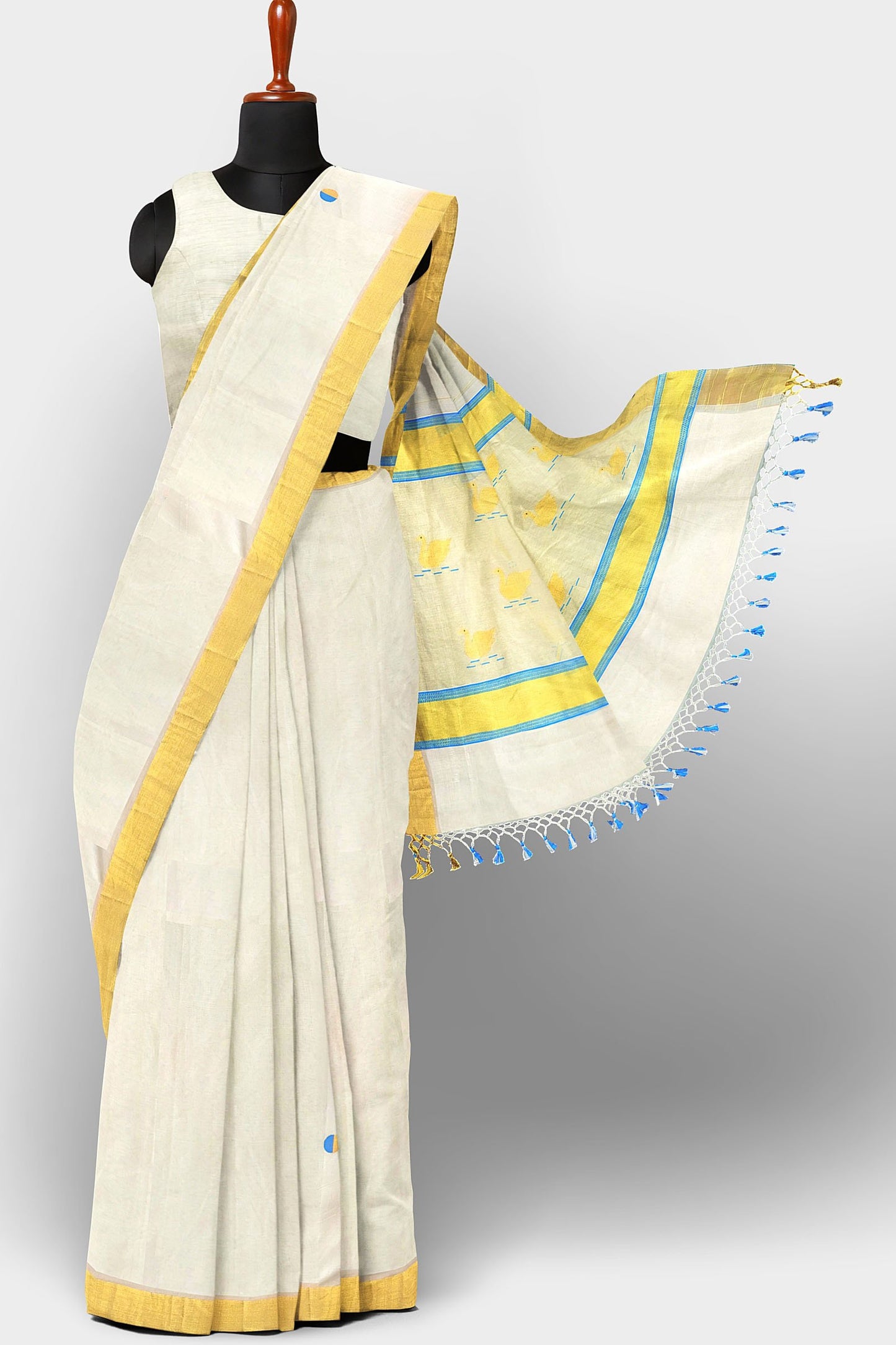Kerala Kasavu Saree Premium Balaramapuram Handloom with Swan Motif