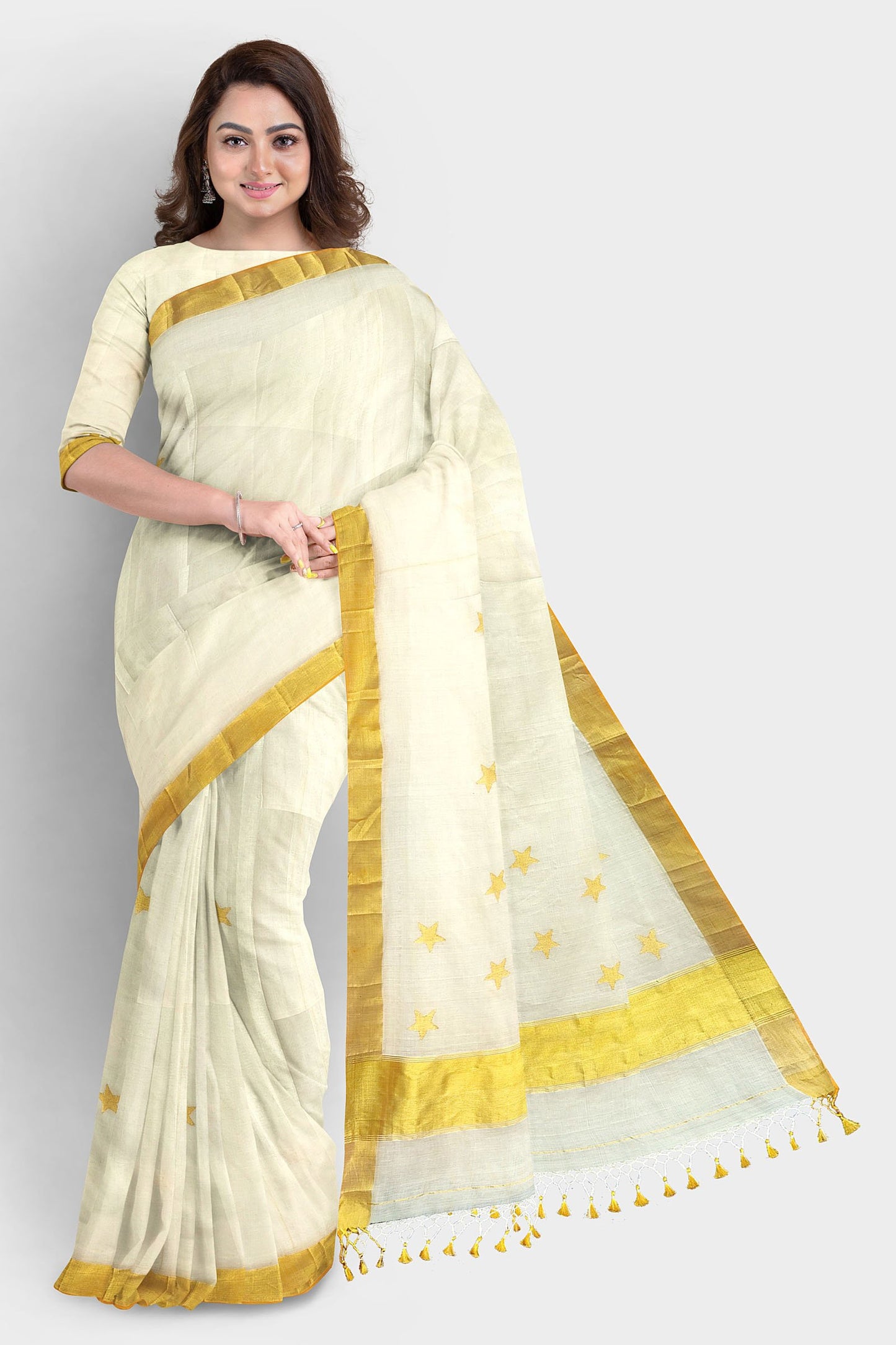 Kerala Kasavu Saree Premium Balaramapuram Handloom with Star Motif