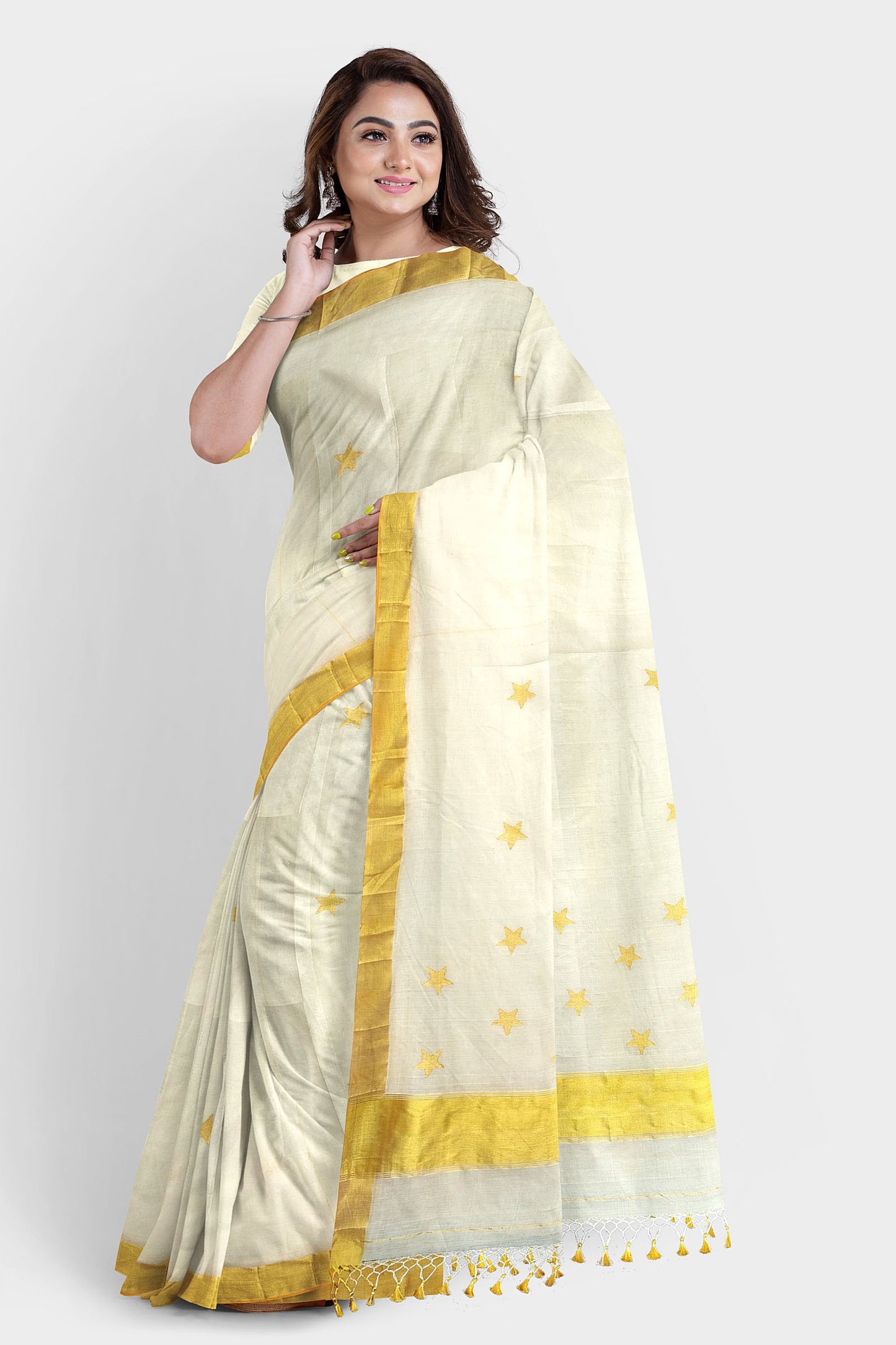 Kerala Kasavu Saree Premium Balaramapuram Handloom with Star Motif