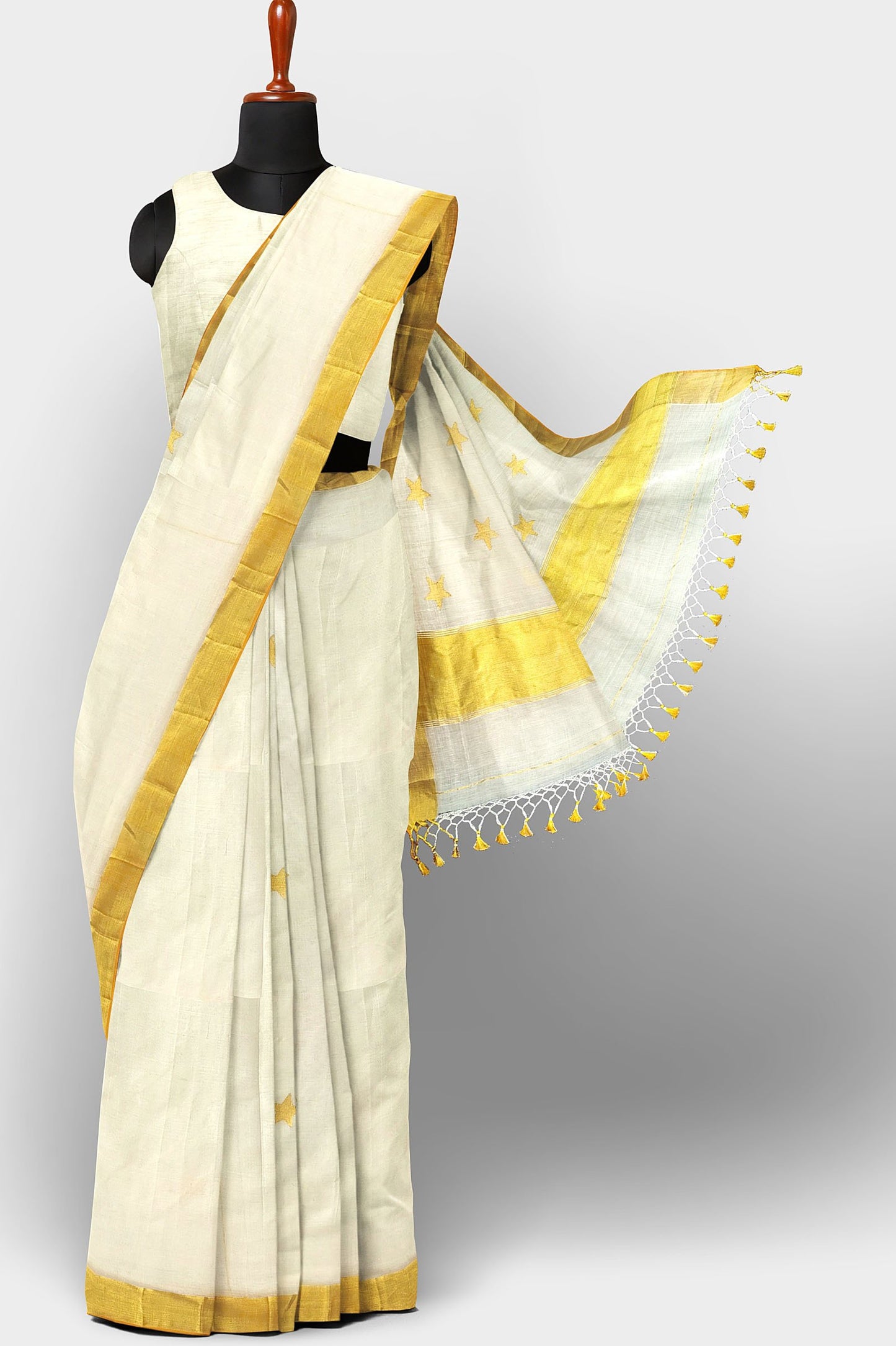 Kerala Kasavu Saree Premium Balaramapuram Handloom with Star Motif