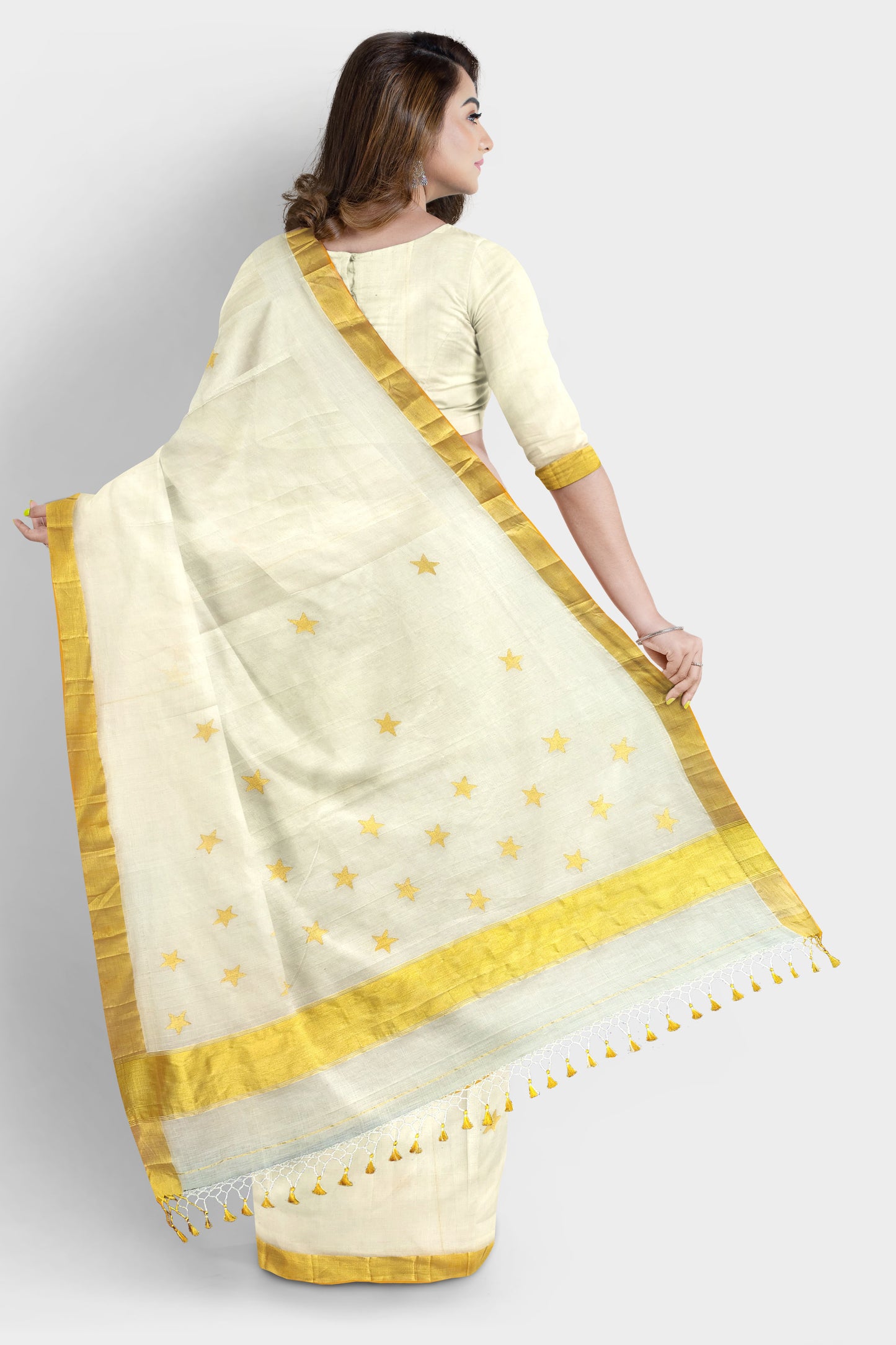 Kerala Kasavu Saree Premium Balaramapuram Handloom with Star Motif