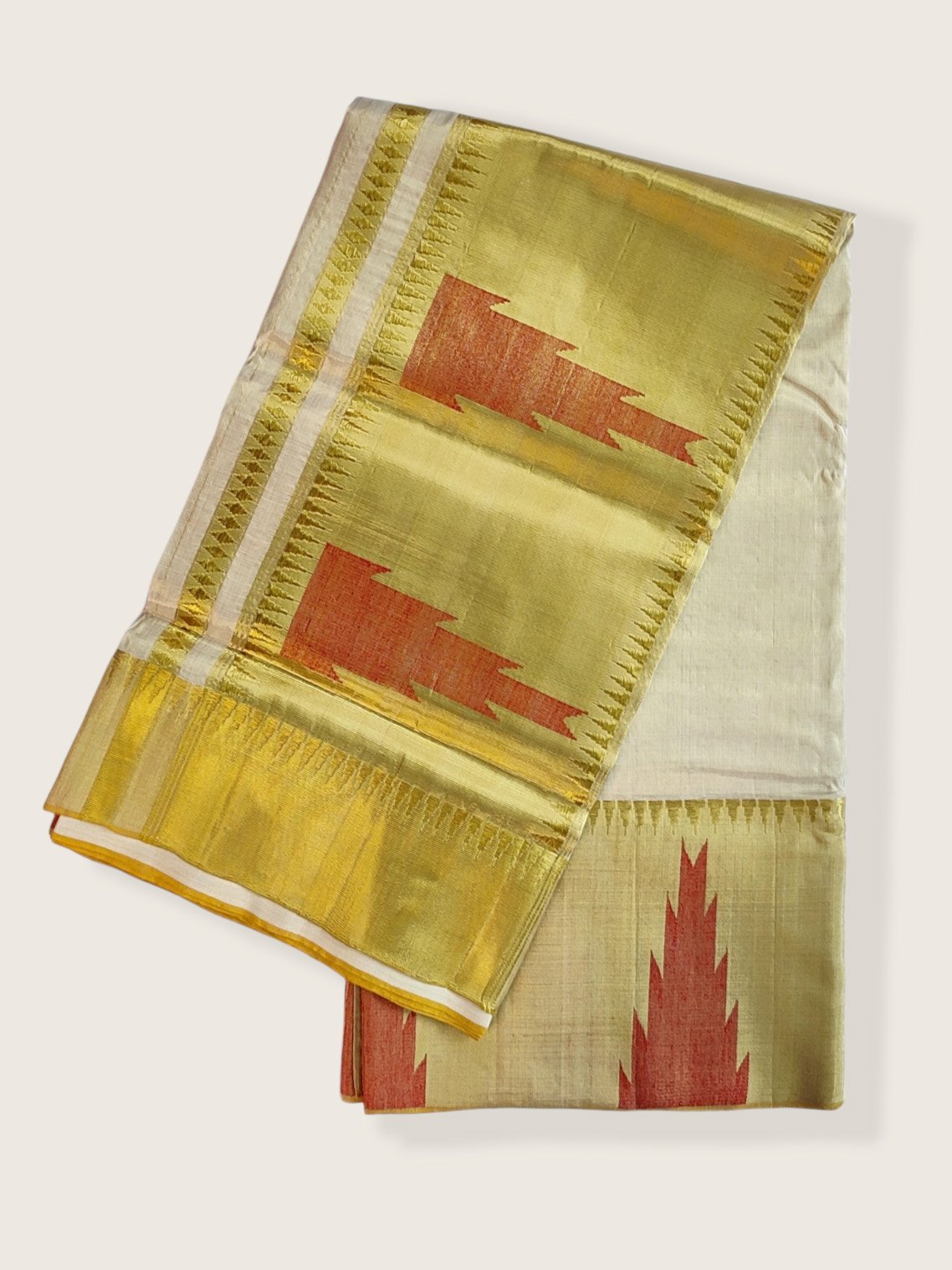 Kerala Kasavu Saree Premium Balaramapuram Handloom with Red Fire Design