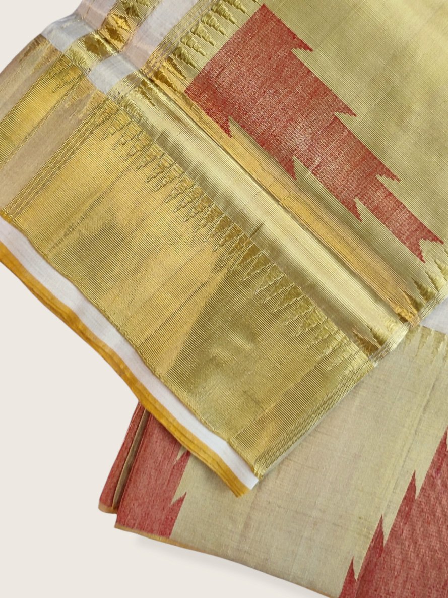 Kerala Kasavu Saree Premium Balaramapuram Handloom with Red Fire Design