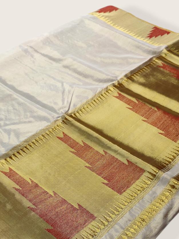 Kerala Kasavu Saree Premium Balaramapuram Handloom with Red Fire Design