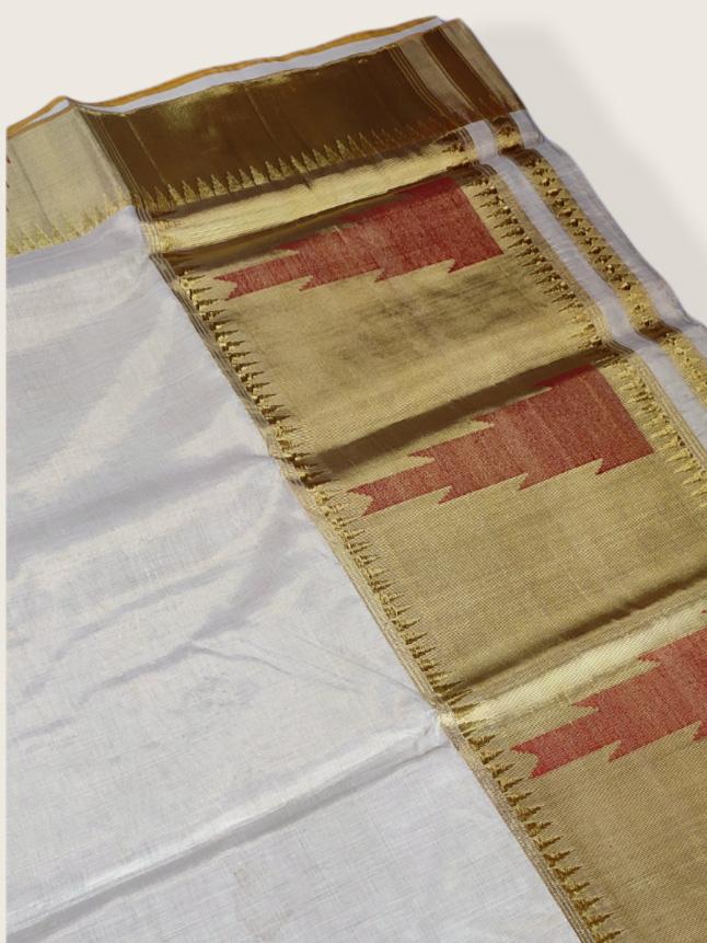 Kerala Kasavu Saree Premium Balaramapuram Handloom with Red Fire Design