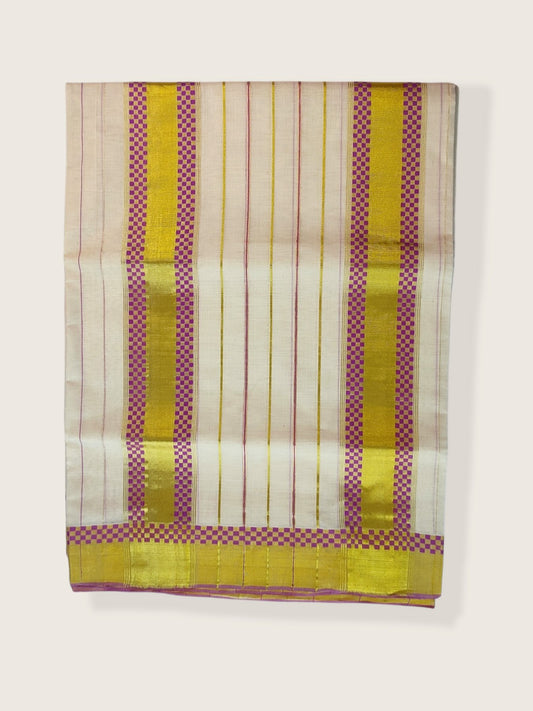 Kerala Kasavu Saree Premium Balaramapuram Handloom with Rose Check Desgin with Line Body