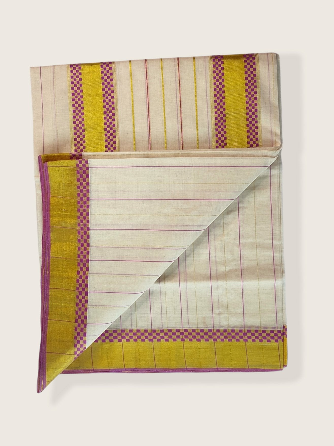 Kerala Kasavu Saree Premium Balaramapuram Handloom with Rose Check Desgin with Line Body