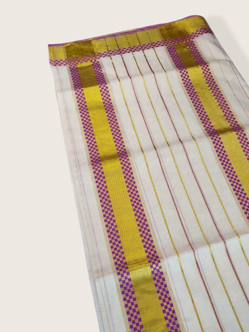 Kerala Kasavu Saree Premium Balaramapuram Handloom with Rose Check Desgin with Line Body