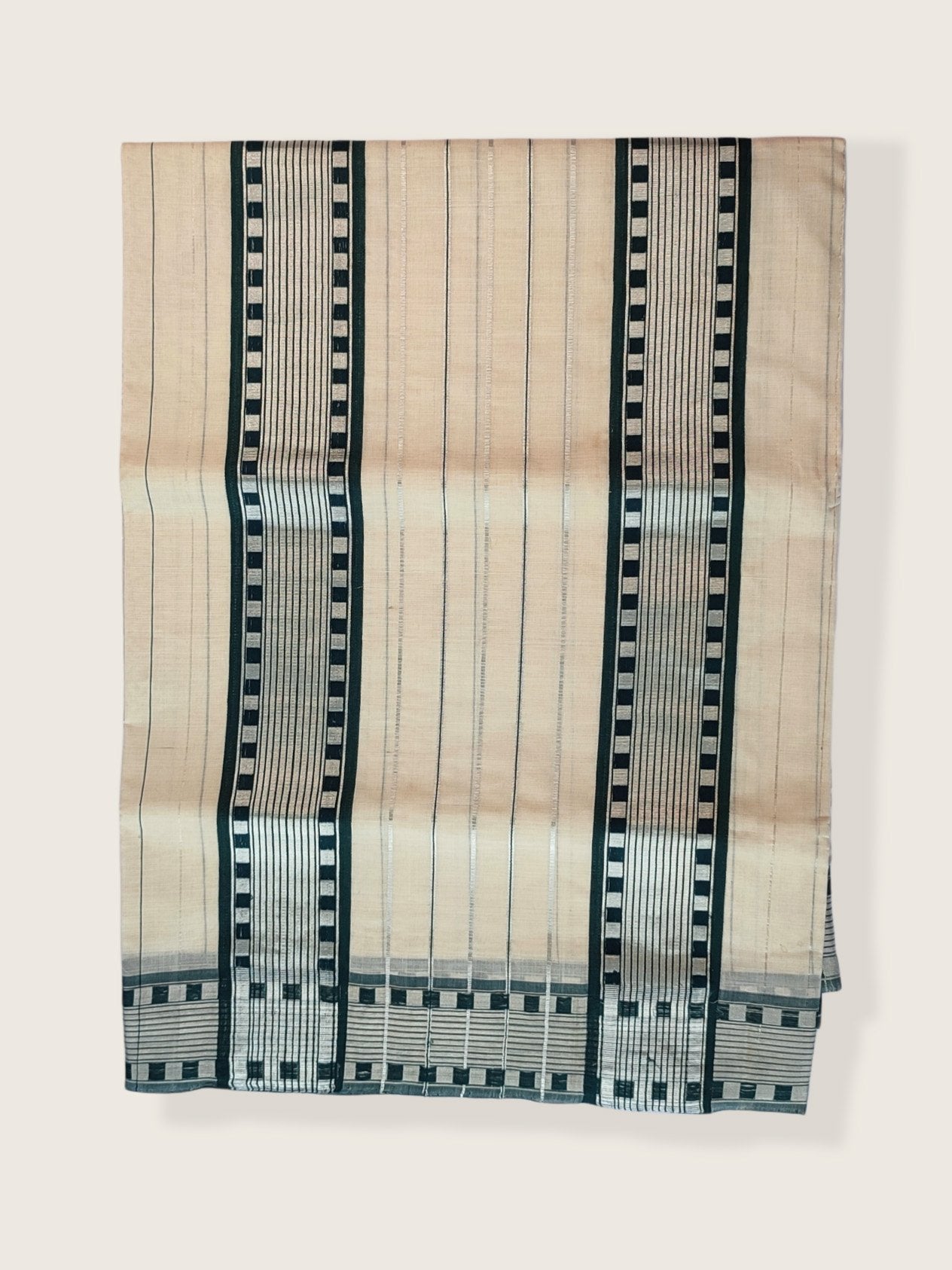 Kerala Kasavu Saree Premium Balaramapuram Handloom with Dark Green Check Desgin with Line Body