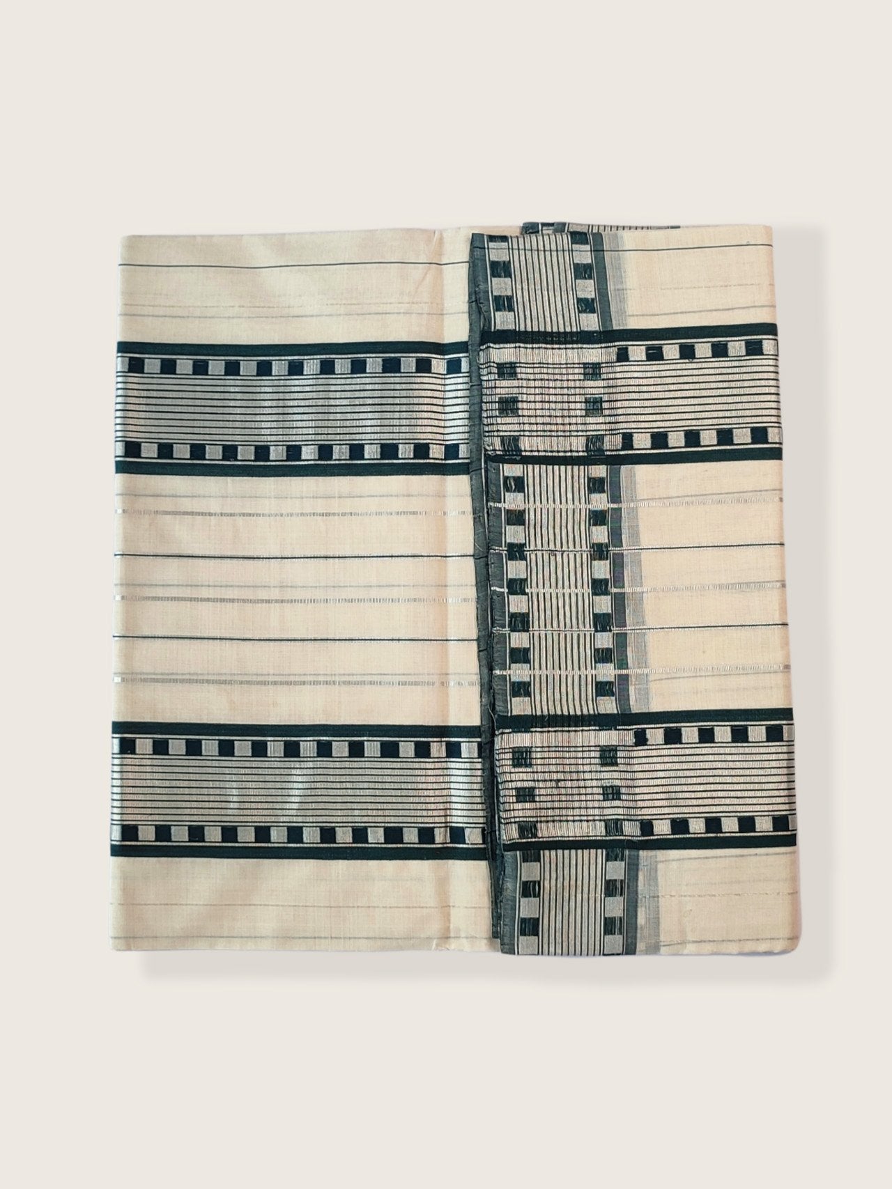Kerala Kasavu Saree Premium Balaramapuram Handloom with Dark Green Check Desgin with Line Body