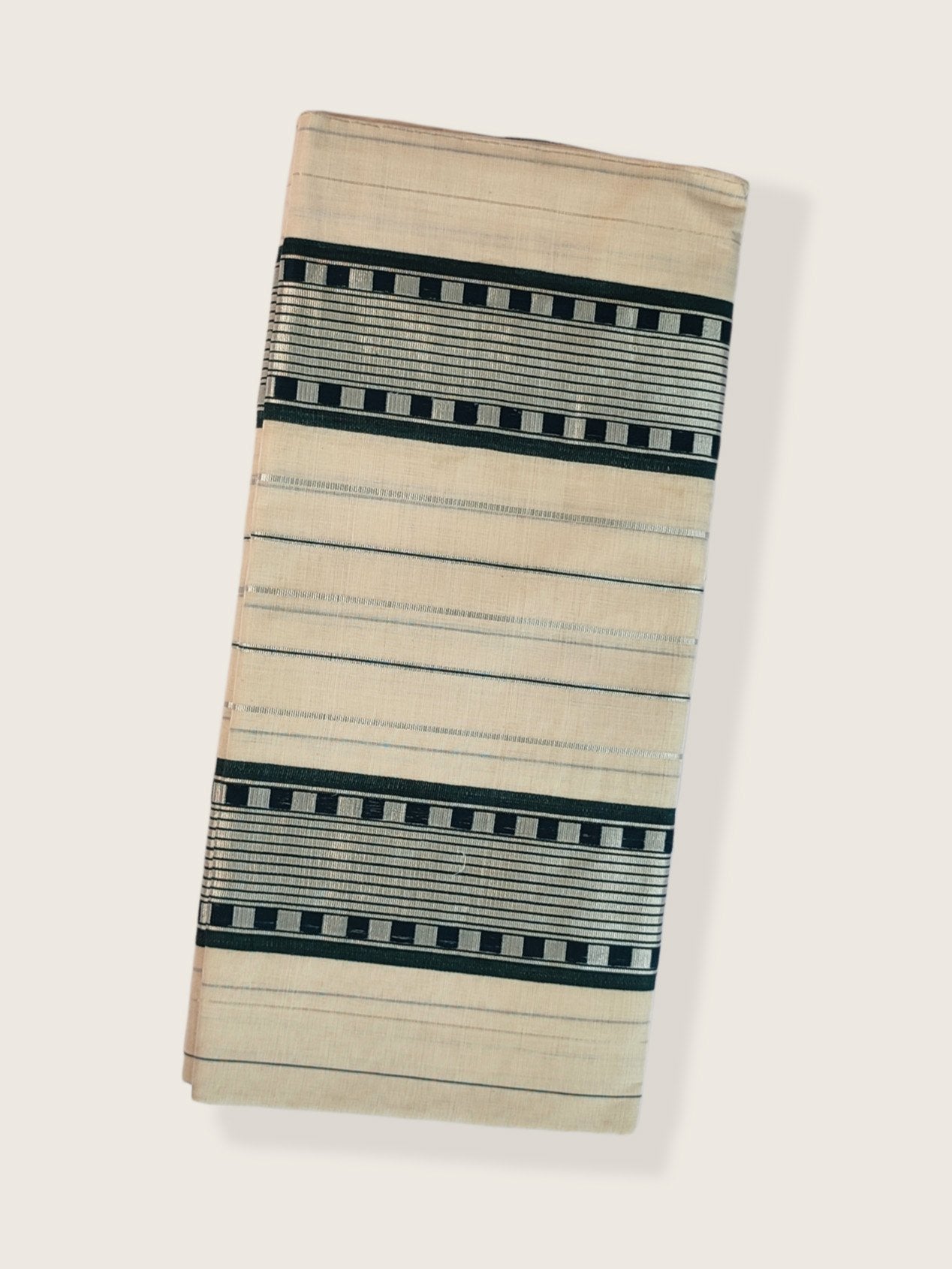Kerala Kasavu Saree Premium Balaramapuram Handloom with Dark Green Check Desgin with Line Body