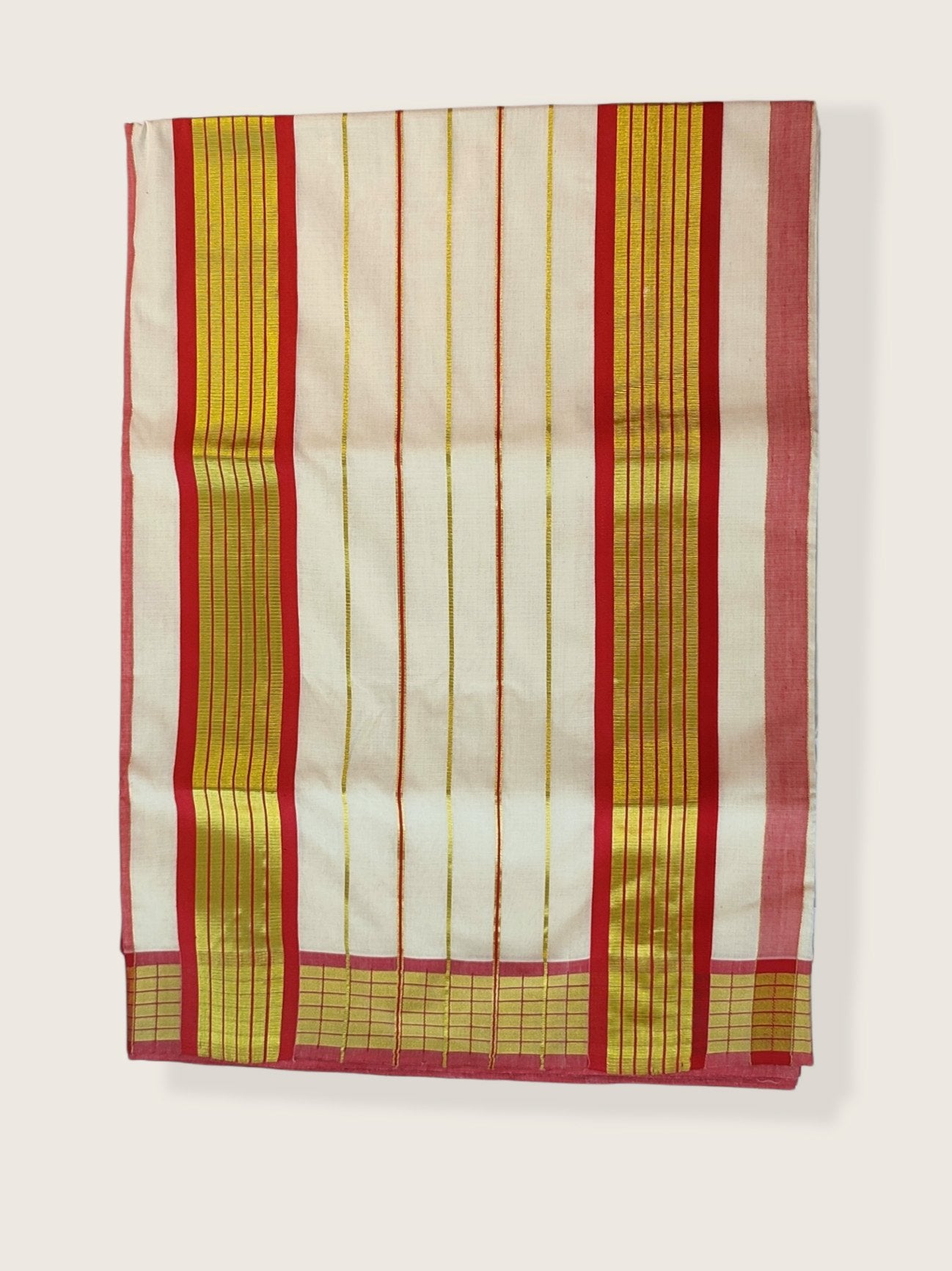 Kerala Kasavu Saree Premium Balaramapuram Handloom with Red Stripe Desgin Border