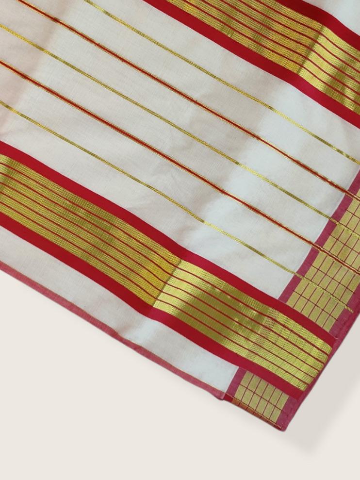 Kerala Kasavu Saree Premium Balaramapuram Handloom with Red Stripe Desgin Border