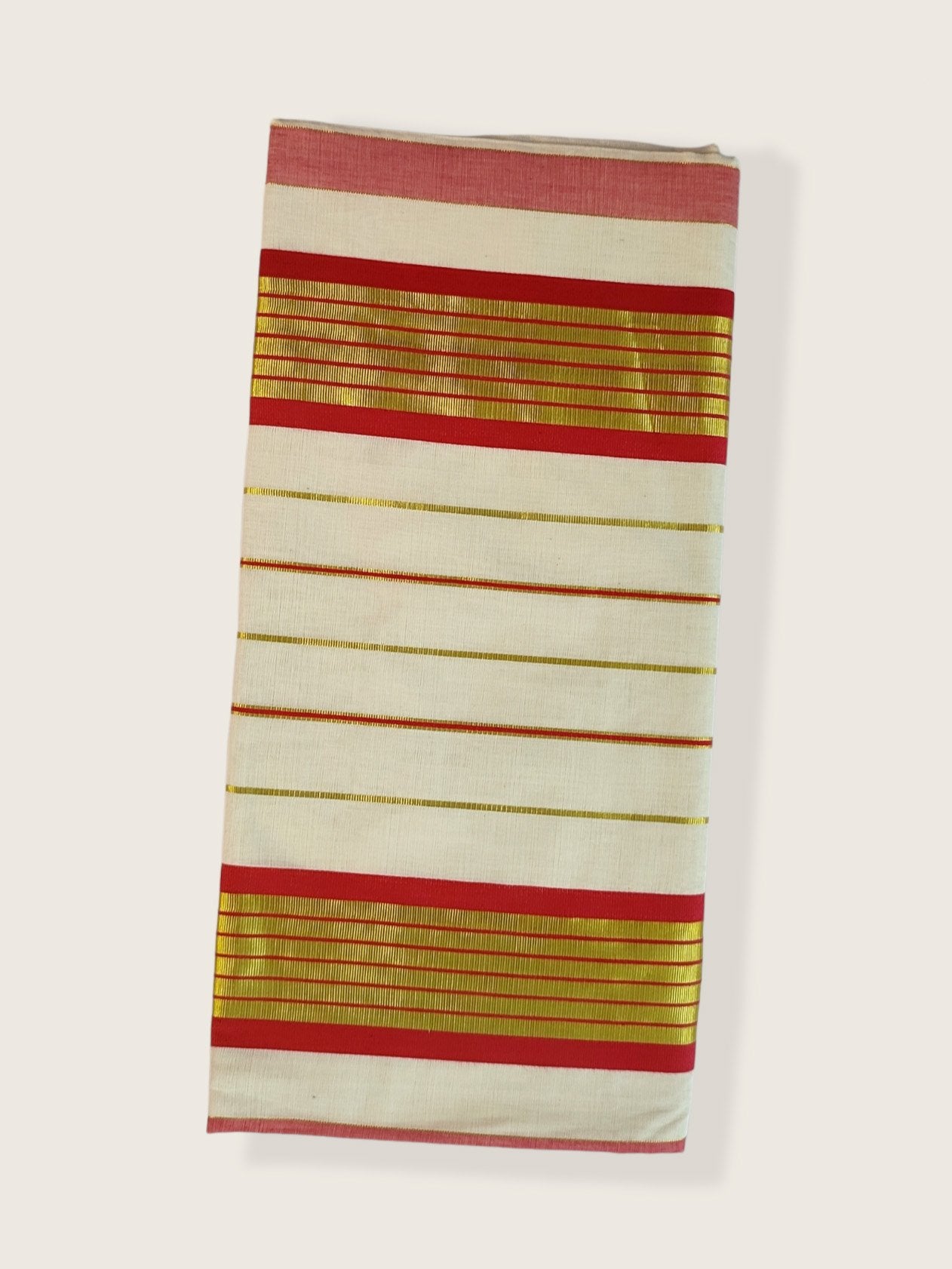 Kerala Kasavu Saree Premium Balaramapuram Handloom with Red Stripe Desgin Border