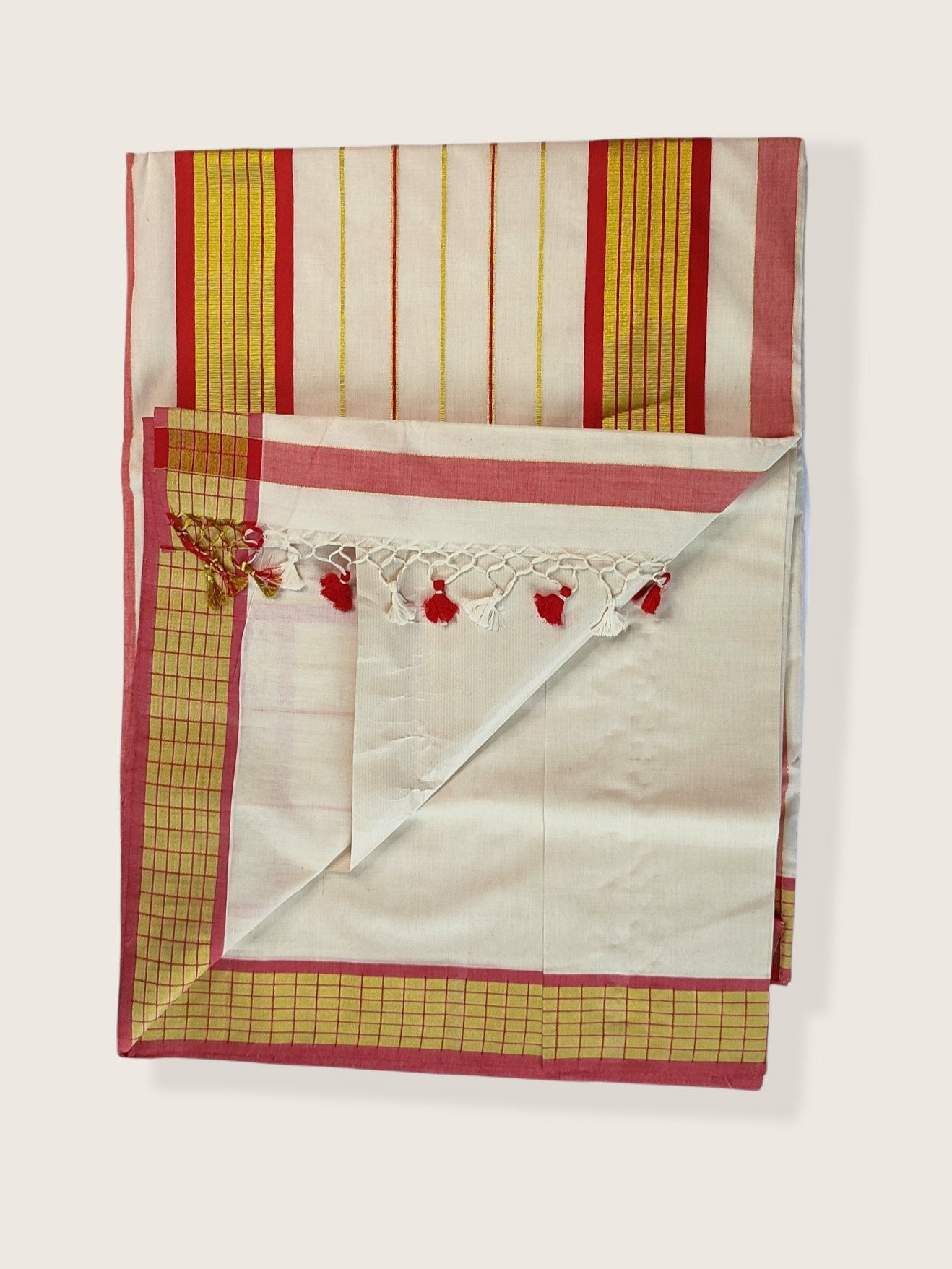 Kerala Kasavu Saree Premium Balaramapuram Handloom with Red Stripe Desgin Border