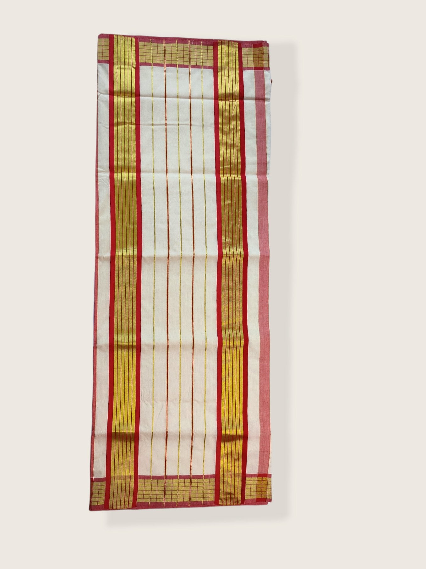 Kerala Kasavu Saree Premium Balaramapuram Handloom with Red Stripe Desgin Border