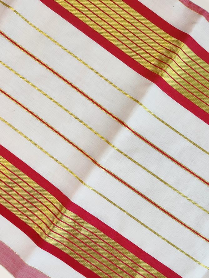 Kerala Kasavu Saree Premium Balaramapuram Handloom with Red Stripe Desgin Border