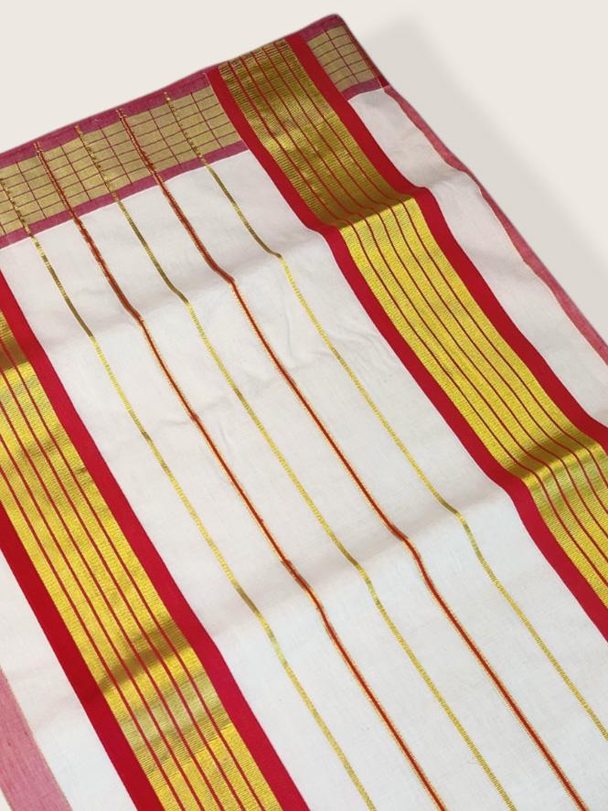 Kerala Kasavu Saree Premium Balaramapuram Handloom with Red Stripe Desgin Border